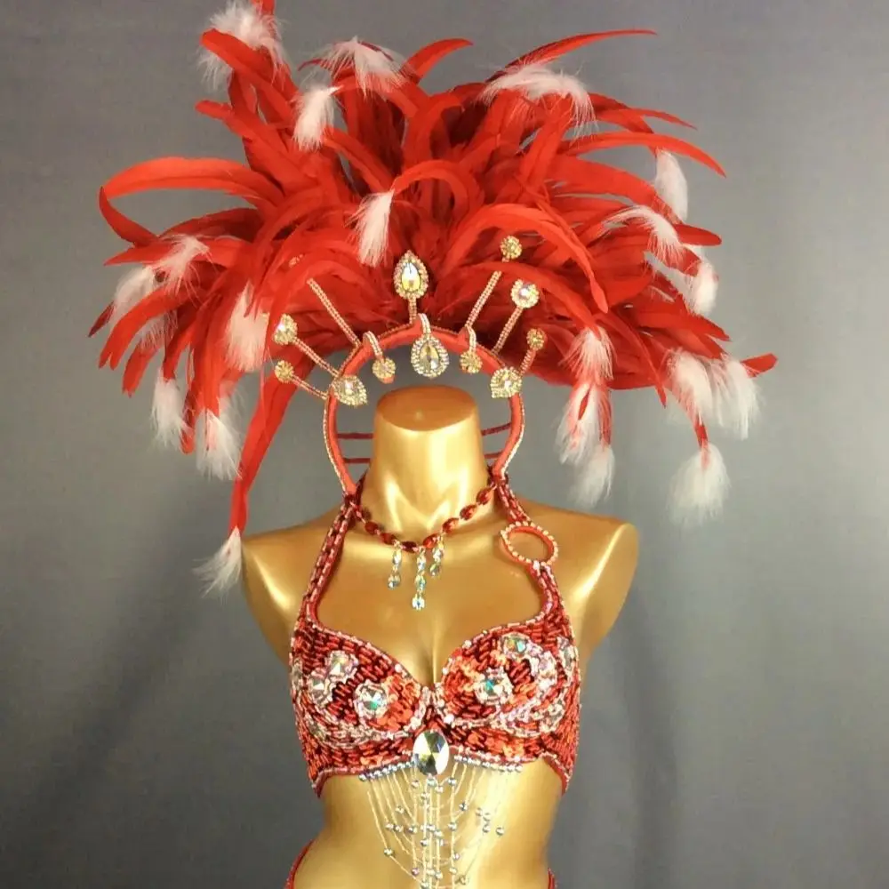 Hot Parade Costumes Women Showgirl Sexy Samba Queens Rio Carnival Costume With Feather Headdress Red Belly Dance Clothes Outfits