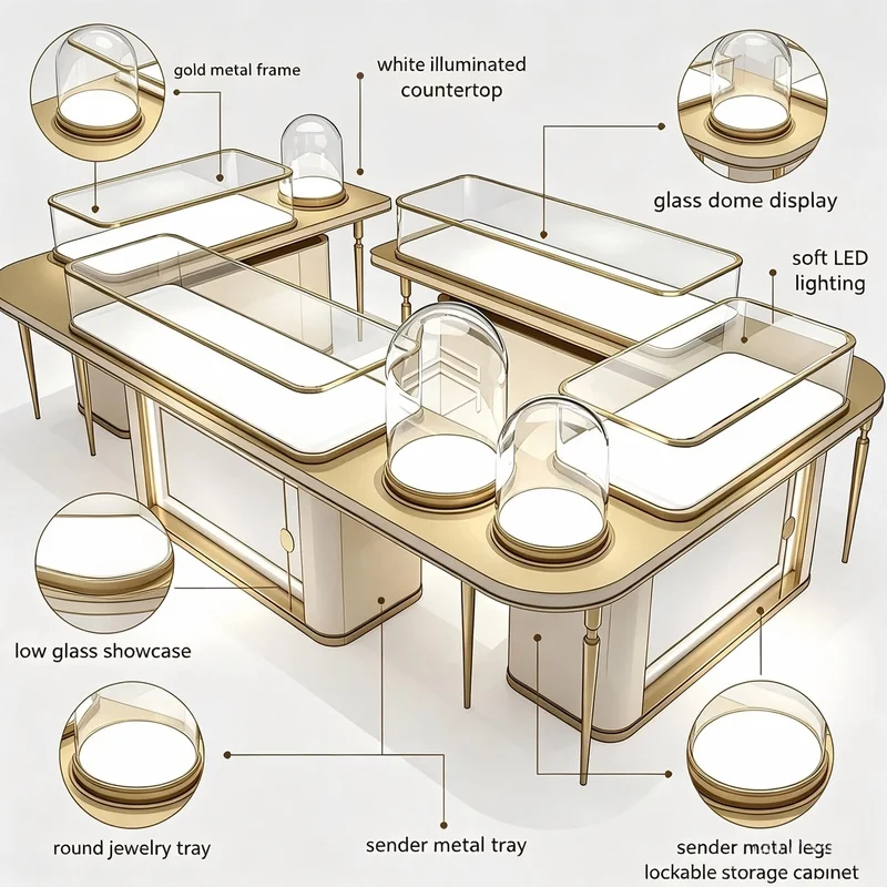 custom.Luxury Jewelry Store Island Display Counter Set, Gold Metal Frame Illuminated White Top Glass Dome Showcase High End
