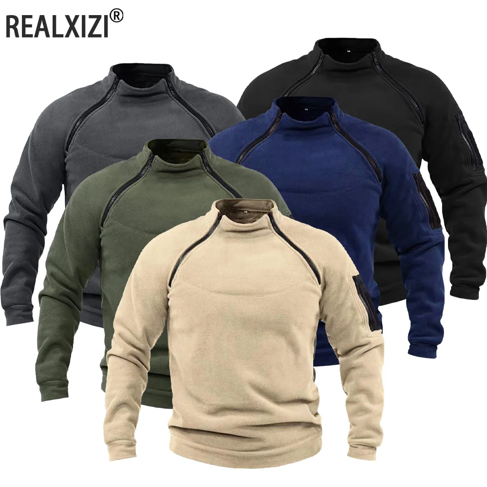 

Autumn Winter Men's Casual Fleece Zippers Pullover Men Outdoor Windproof Coat Warm Stand Collar Sweatshirts Pullover Tops