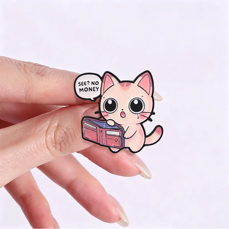 See No Money Cat Open Empty Wallet Enamel Pin Cute Humor Pink Orange Kitten No Money Metal Brooch Lapel Bag Badge Jewelry Gifts