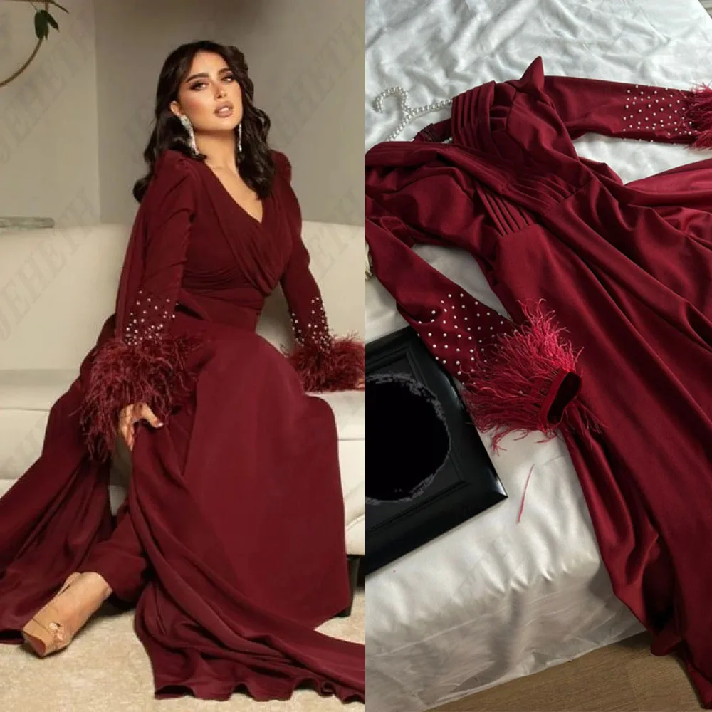 JEHETH Formal Evening Dress Satin A-Line Feature Long Sleeves Prom Dresses Arabia Party Gown Vestidos De فساتين مناسبة رسمية