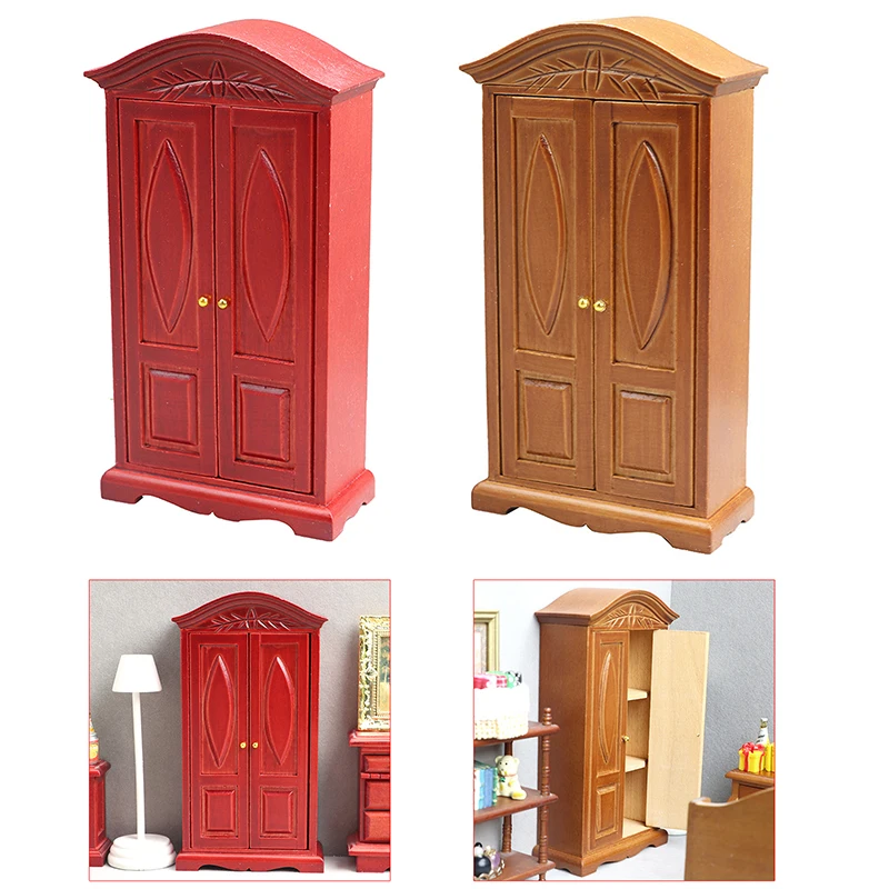 1:12 Dollhouse Miniature Wardrobe Carved Vintage Double-door Cabinet Furniture Model Decor Toy Doll House Accessories