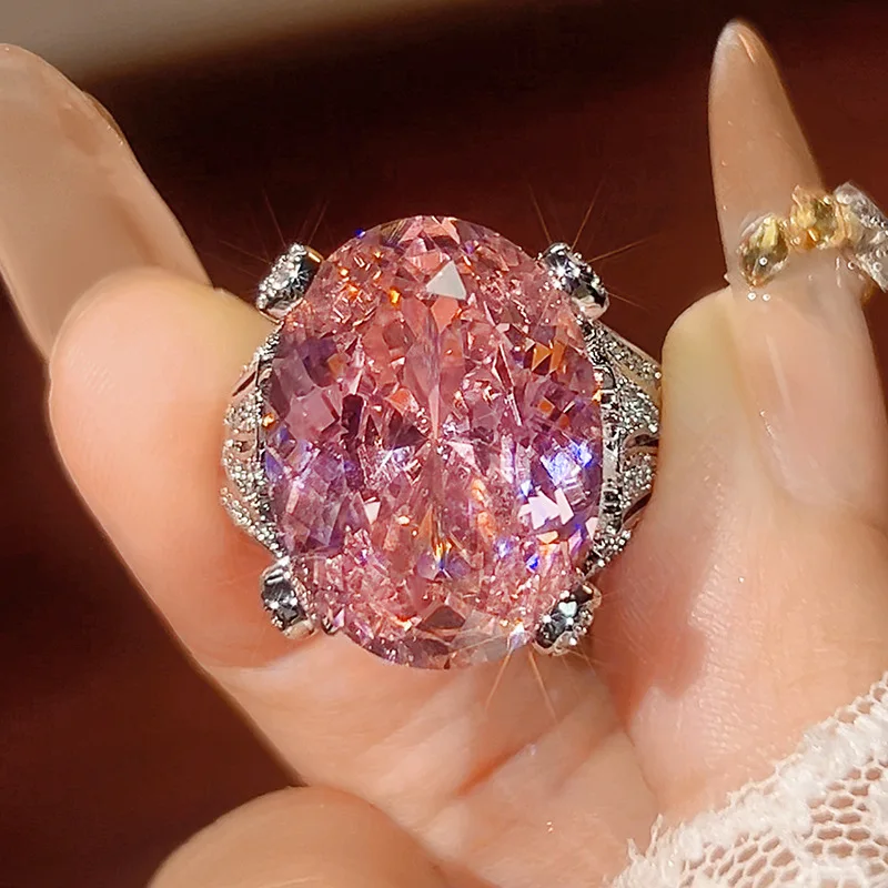 Silver Plated Oval Large Colorful CZ Statement Ring Hollow Pave Shank Women Banquet Cocktail Party Jewelry