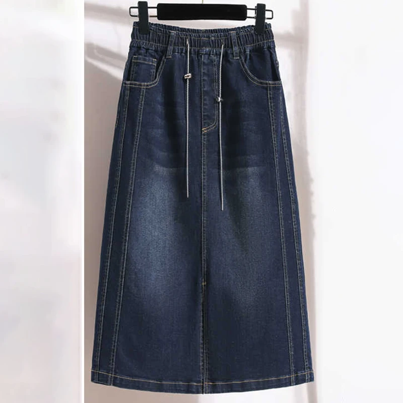 

Women's Drawstring Elastic Waist Denim Skirts Spring Autumn Mid Length A-line Skirt Ladies Slit Deep Blue Jean Skirts