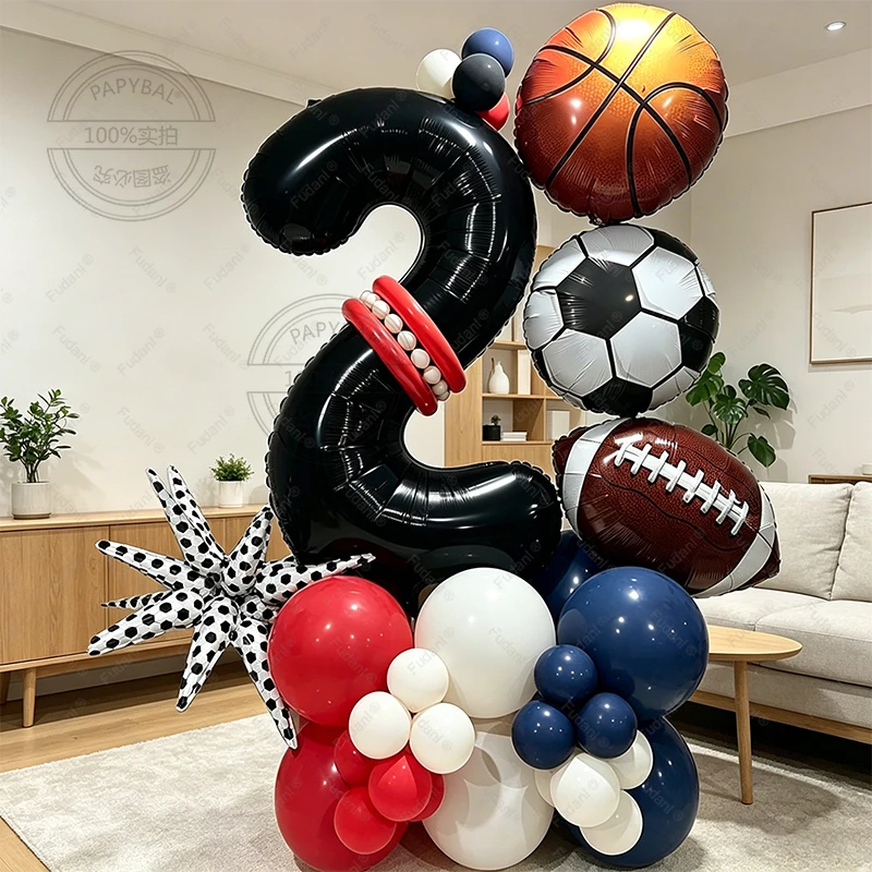 46Pcs Football Trophy Balloons 32inch Black 1-9 Number Football Foil Balloon Round Soccer Globos Baby Shower Boy Birthday Party