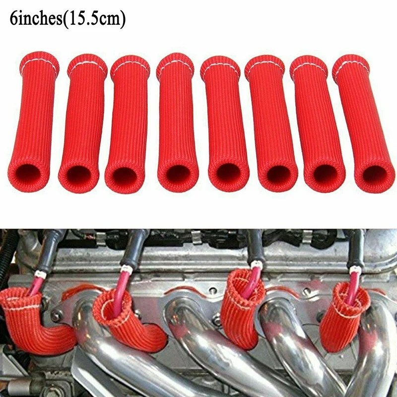 8 PCS 2500° Car Accessories Spark Plug Wire Boots Engine Heat Shield Protector Sleeve 350 Red