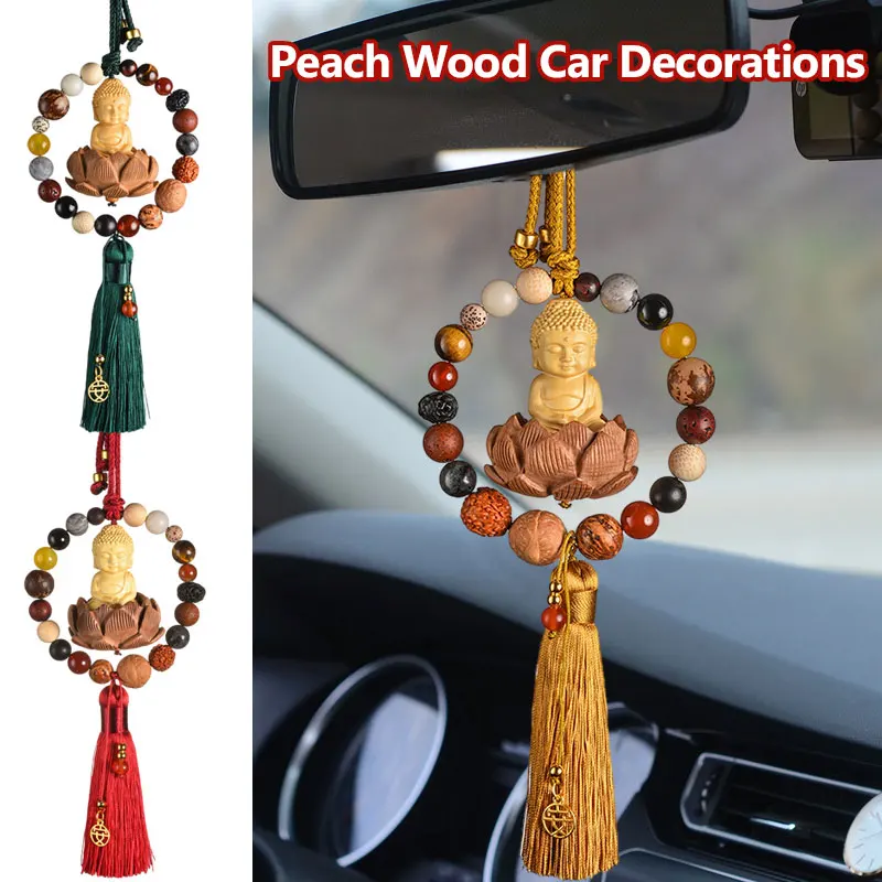 Car Rearview Mirror Pendant Chinese Lucky Wood Carving Lotus Buddha Statue Auto Decor Fengshui Tassel Hangings New Year Gifts