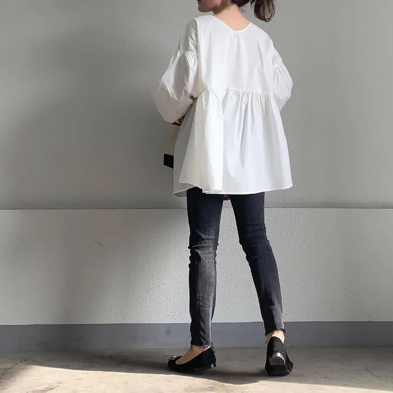 Japan Style Simple Lantern Sleeve Shirts Back And Forth Two Ways Wear O-necl Pullover Blouses 2024 New Chic Elegant Blusas