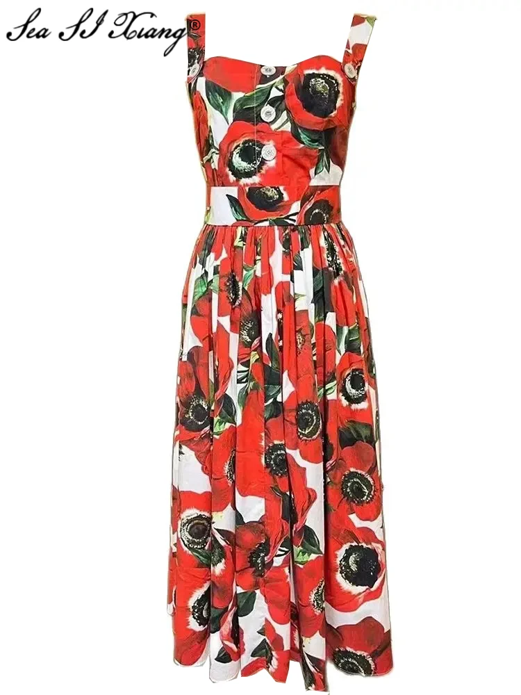 

Seasixiang Fashion Designer Spring Cotton Backless Women's Spaghetti Strap Sleeveless Button Flowers Print Vintage Midi Dress