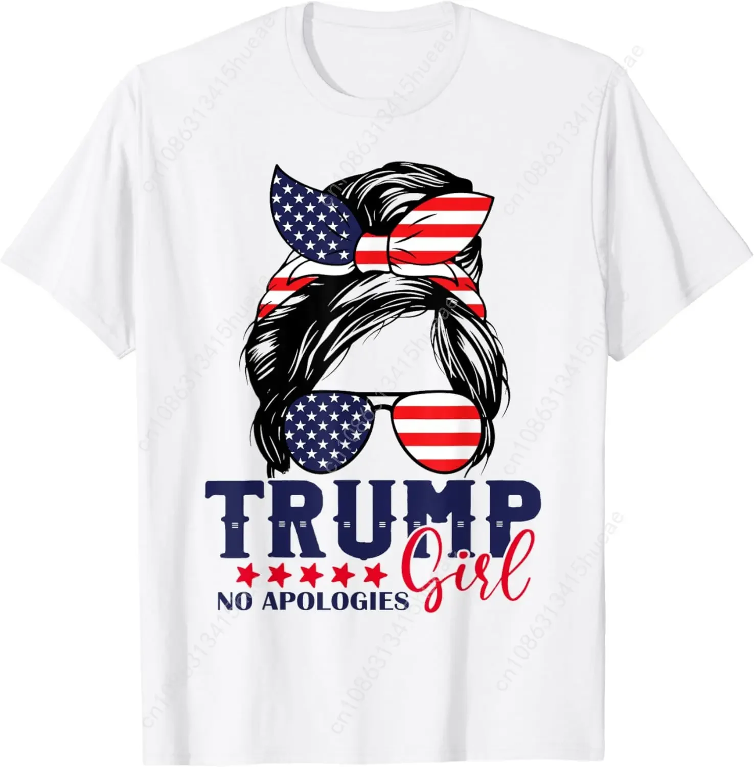 Trump Girl No Apologies Messy Bun Trump 2024 American Flag T-Shirt