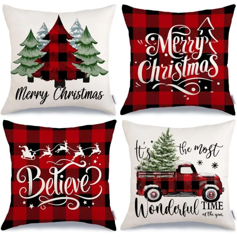 

Christmas Pillow Cover 20inx20in Set of 4 Christmas Trees Truck Buffalo Grid Believe Farmhouse Decoration Pillowcase