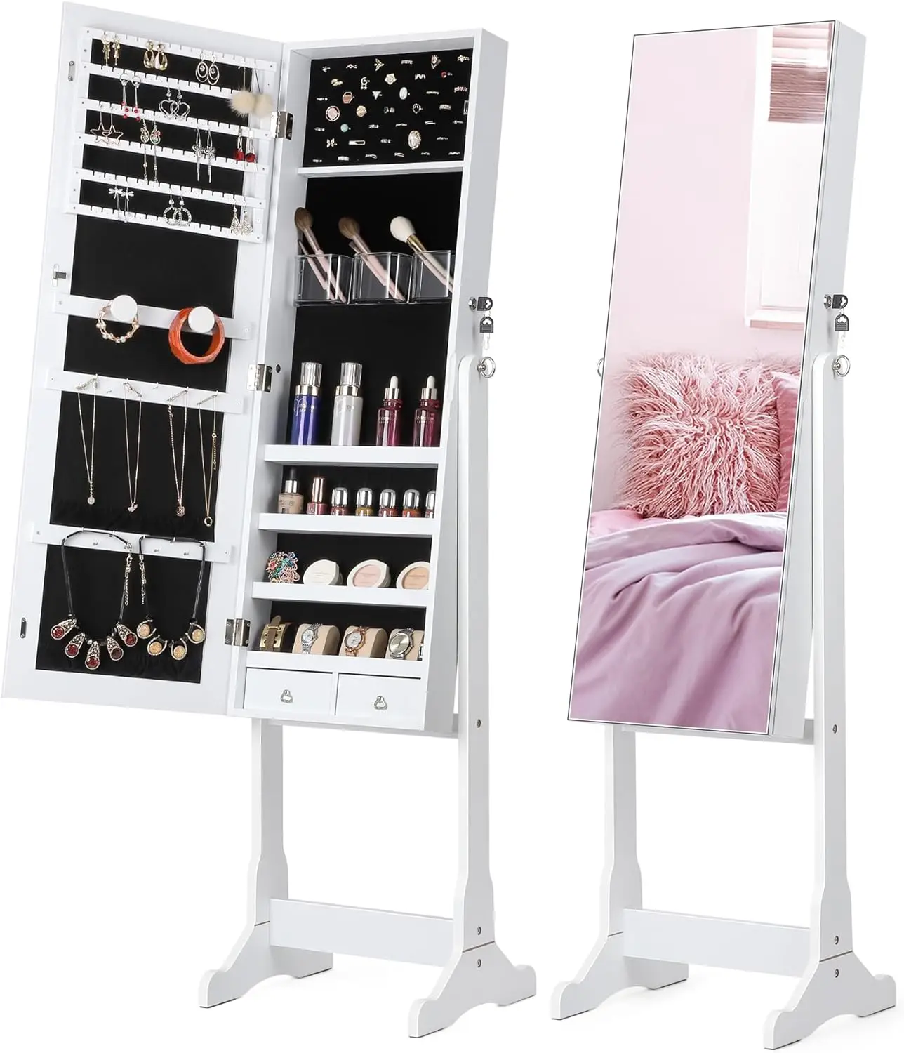 

Nicetree Jewelry Cabinet with Full-Length Mirror, Standing Lockable Jewelry Armoire Mirror Organizer, 3 Angel Adjustable, White