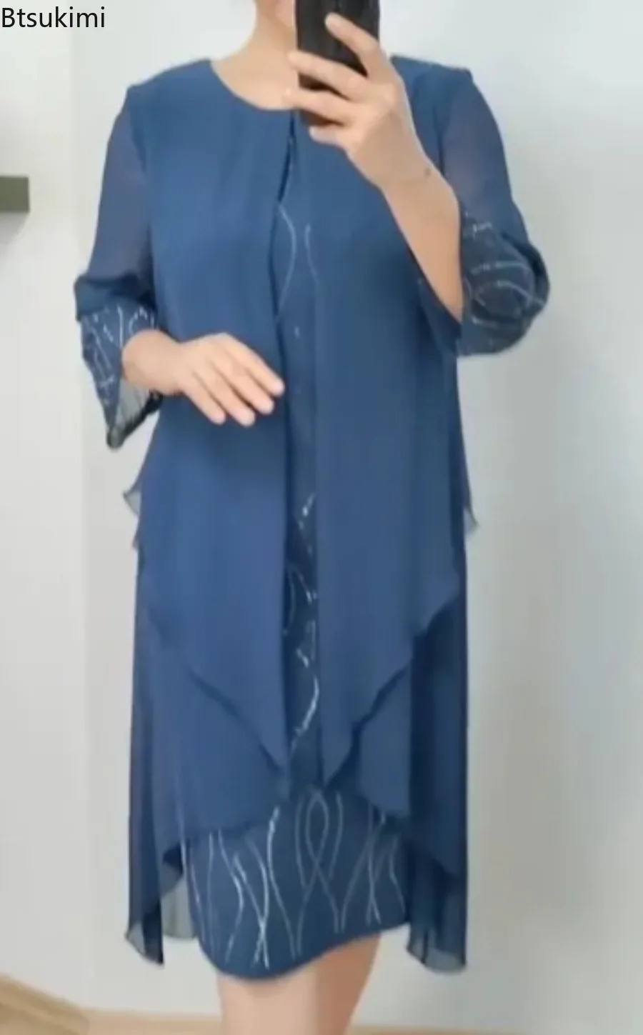 Vestido feminino de verão, chiffon, camada dupla, malha irregular, patchwork, bainha, mangas compridas, mãe, midi, baile, viagem, moda