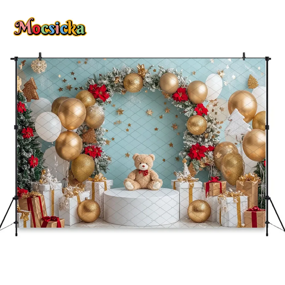 Mocsicka Christmas Bear Background Photography Arch Xmas Wreath Snowflakes Gift Balloon Wall Backdrop Winter Kids Photo Studio