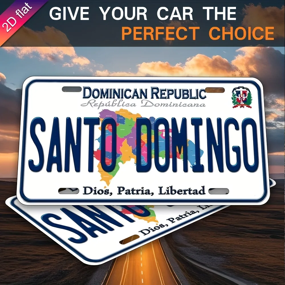 ديكور حائط لوحة ترخيص من الألومنيوم - خريطة سانتو دومينغو مطبوعة بالأشعة فوق البنفسجية وتصميم علم جمهورية الدومينيكان، لوحة معدنية مقاومة للطقس