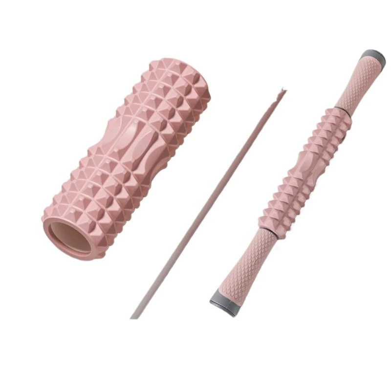 Foam roller, massage stick with bumpy nodes, single crescent massage stick, small spiky ball, yoga mat