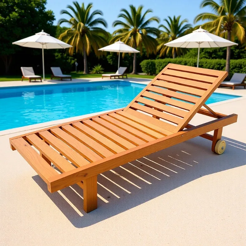 Preservative solid wood teak bed Outdoor pool rest Hotel courtyard Garden outdoor loungers Seaside teak loungers