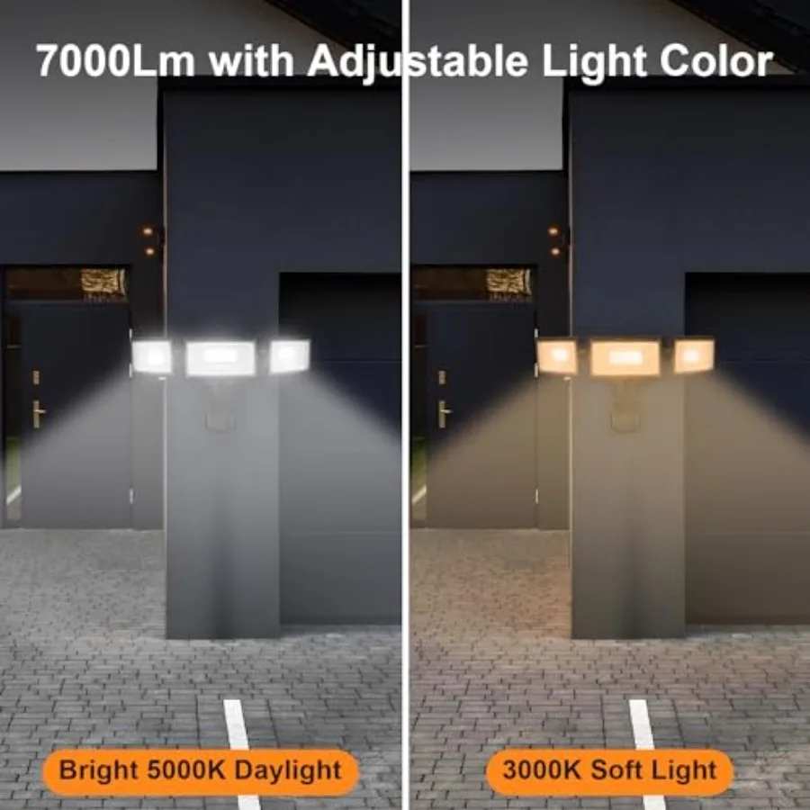 70W LED Security Lights with Motion Sensor Outdoor 7000 Lumen Super Bright 3000K/5000K Light IP65 Waterproof Dusk to Dawn 3 Hea