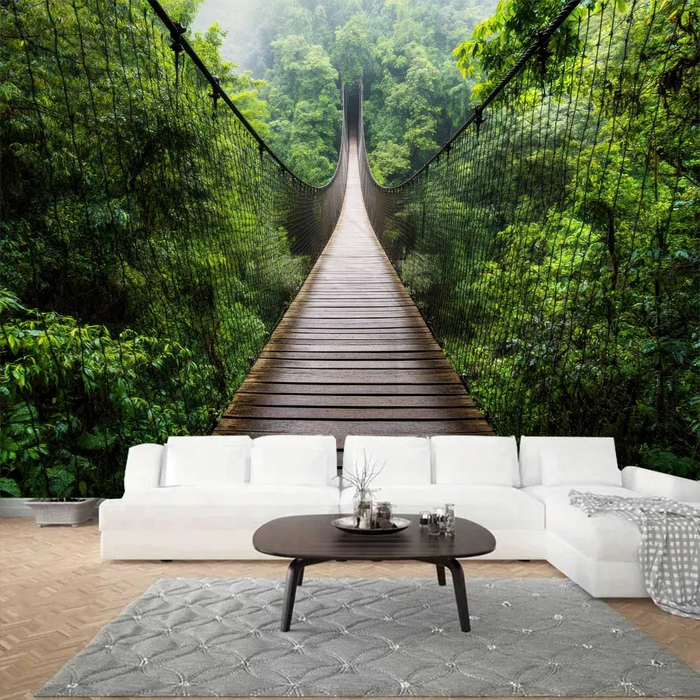 Forest Suspension Bridge Wall Tapestry Lush Green Rainforest Boardwalk Scene Natural Living Room Bedroom Decor Murals
