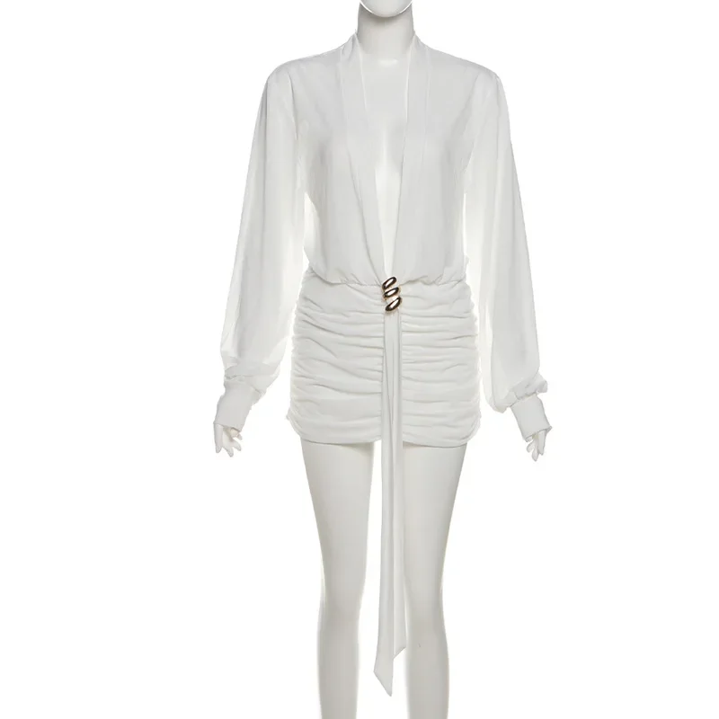 ชุดเดรสเสื้อเชิ้ตแขนยาวคอวีลึกทรงเข้ารูปแฟชั่นปี 2025 ชุดเดรสสั้นจีบเซ็กซี่สำหรับวันหยุดพักผ่อนที่ชายหาด เสื้อผ้าใหม่สำหรับผู้หญิง