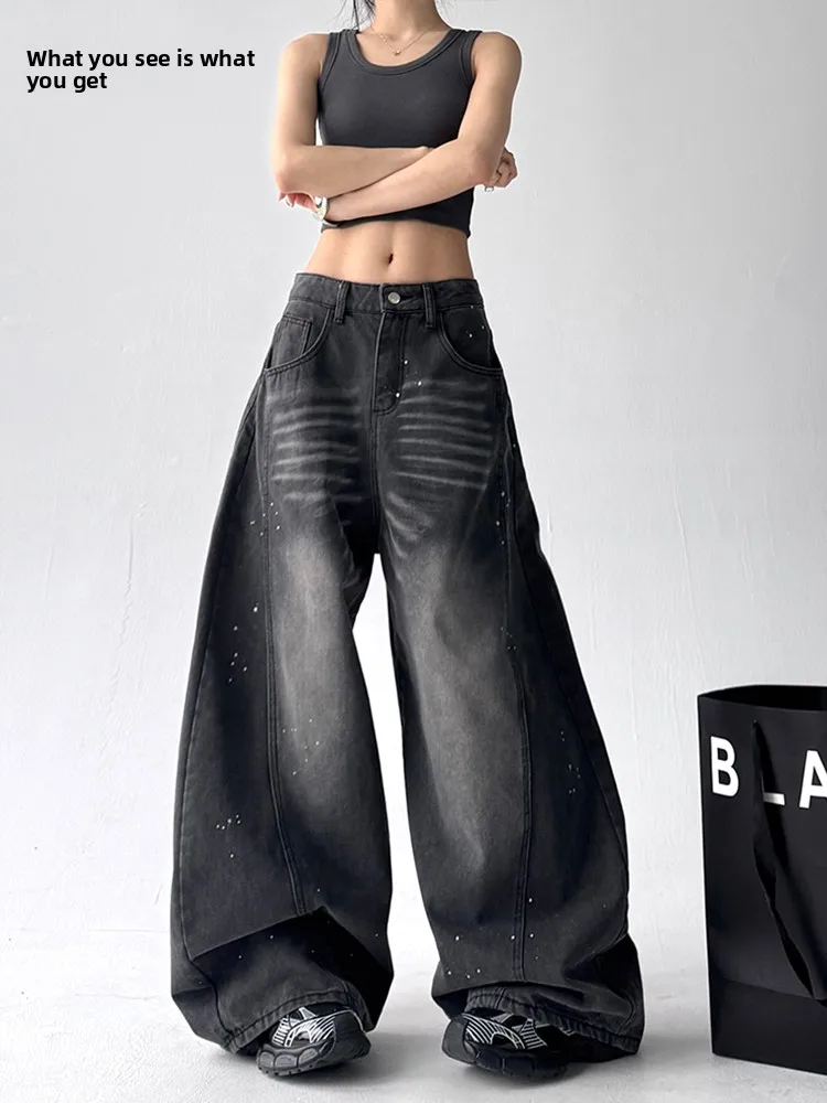 

Новый дизайн, женские широкие джинсы, прямой крой, винтажные выцветшие длинные брюки с микроигибом, краска в горошек, модные хлопковые брюки с высокой талией...