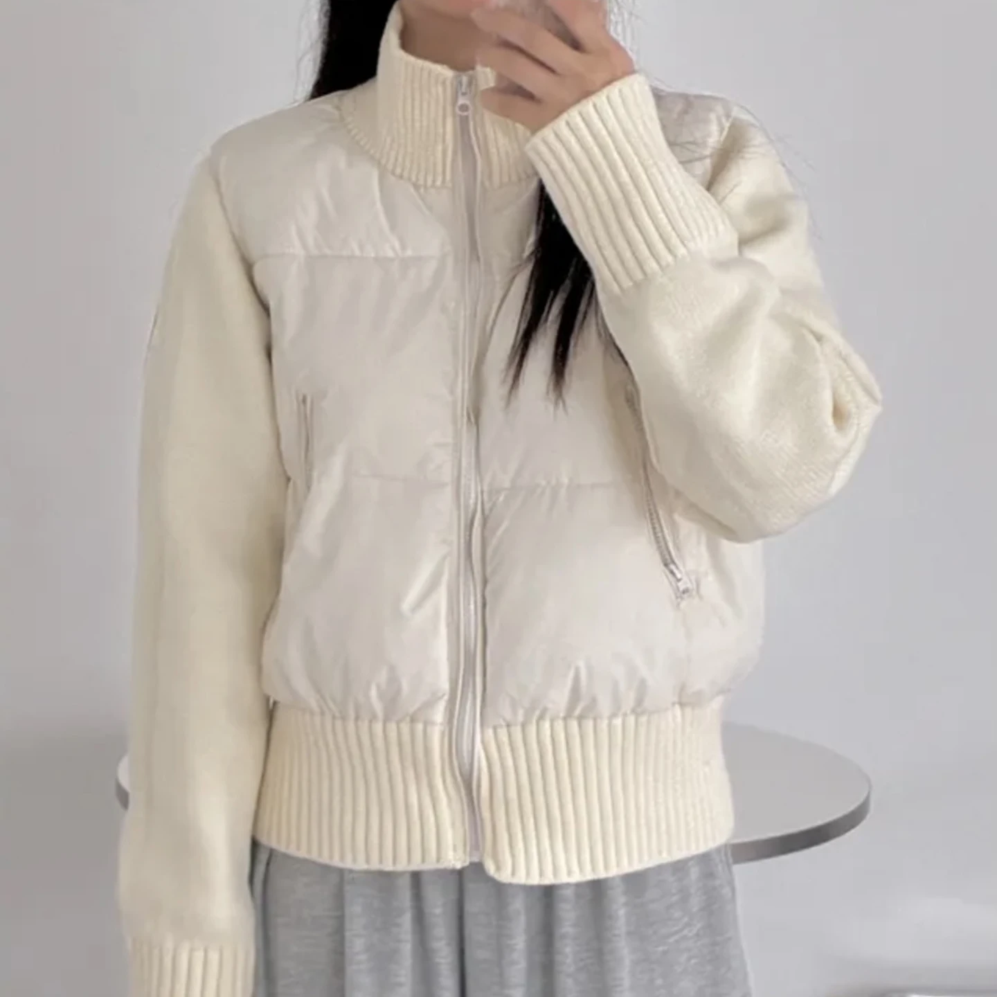 

Warm Knitted Long Sve Cotton Jaet Women's Stand Collar Patchwork Design Winter Outerwear Faionable Commute Sle