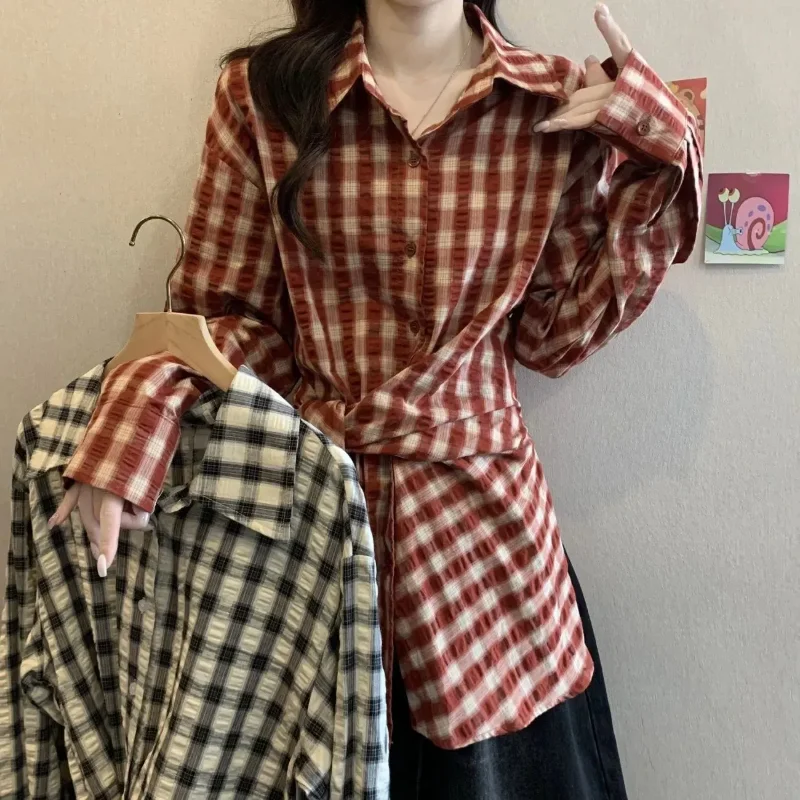 

Красная клетчатая рубашка с длинными рукавами, женская осенняя новинка, топ на шнуровке с поясом