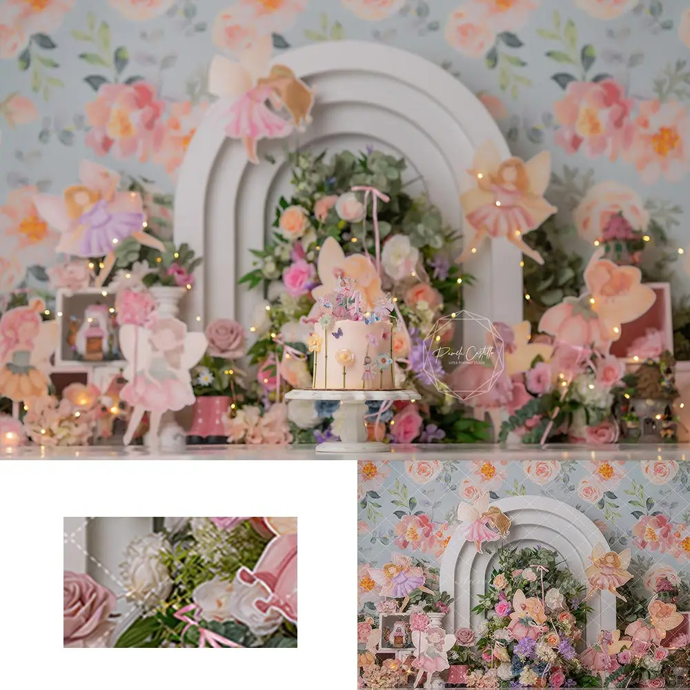 Fairy Garden Arch Backdrop Spring Floral Kids Baby Cake Smash Photocall Decors Child Girls Adult Birthday Backgrounds