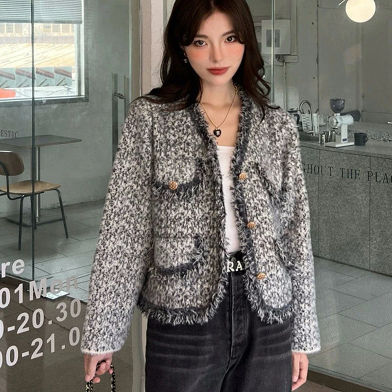 

Fashion Faux Mink Tassel Knitted Cardigan Women 2025 Elegant V-Neck Long Sleeve Jackets Woman Single Breasted Outwear Ladies