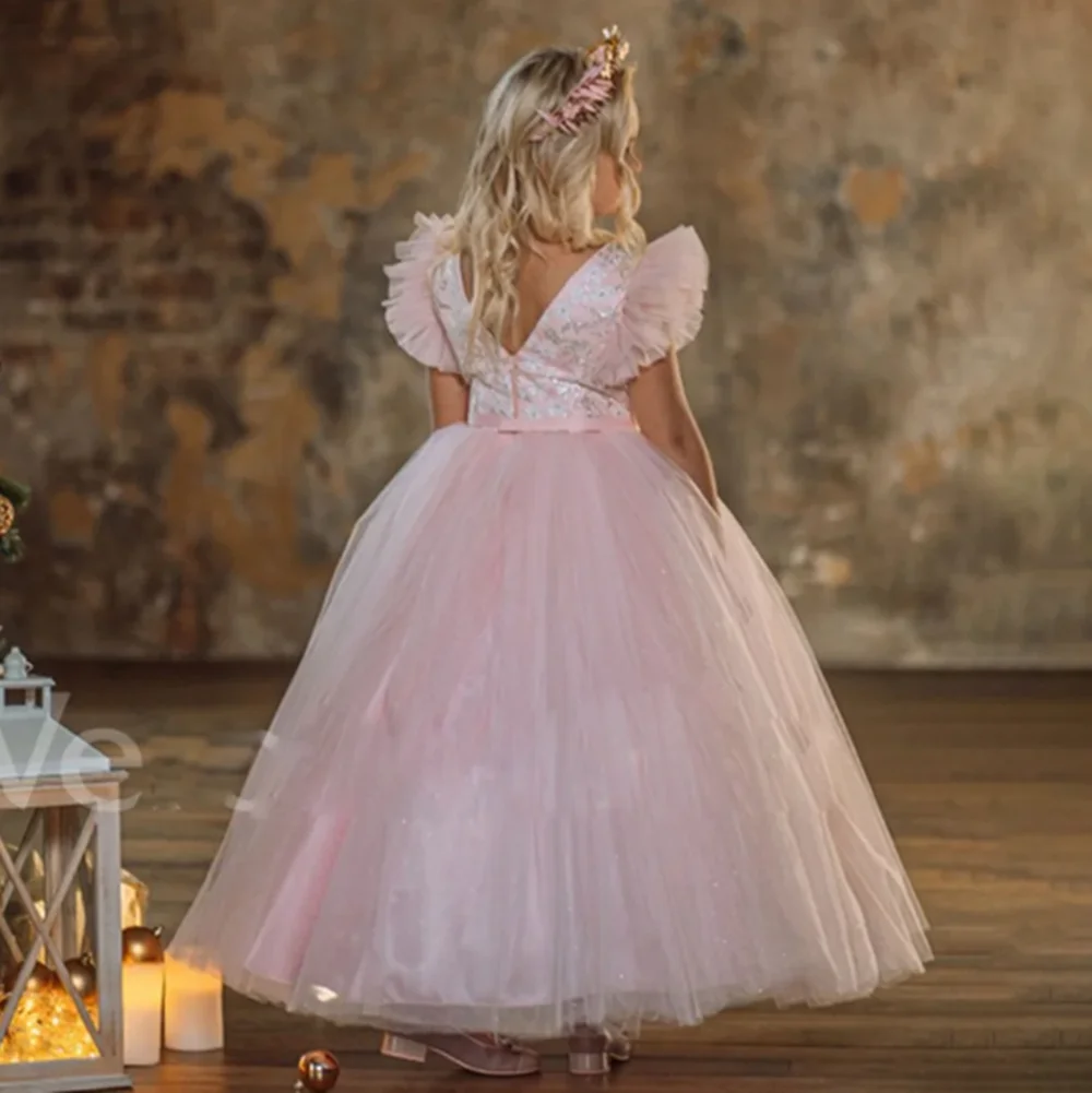 

Tulle Crystals Applique A Line Flower Girl Dress Short Sleeve Floor Length Simple Summer First Communion Dress Customized