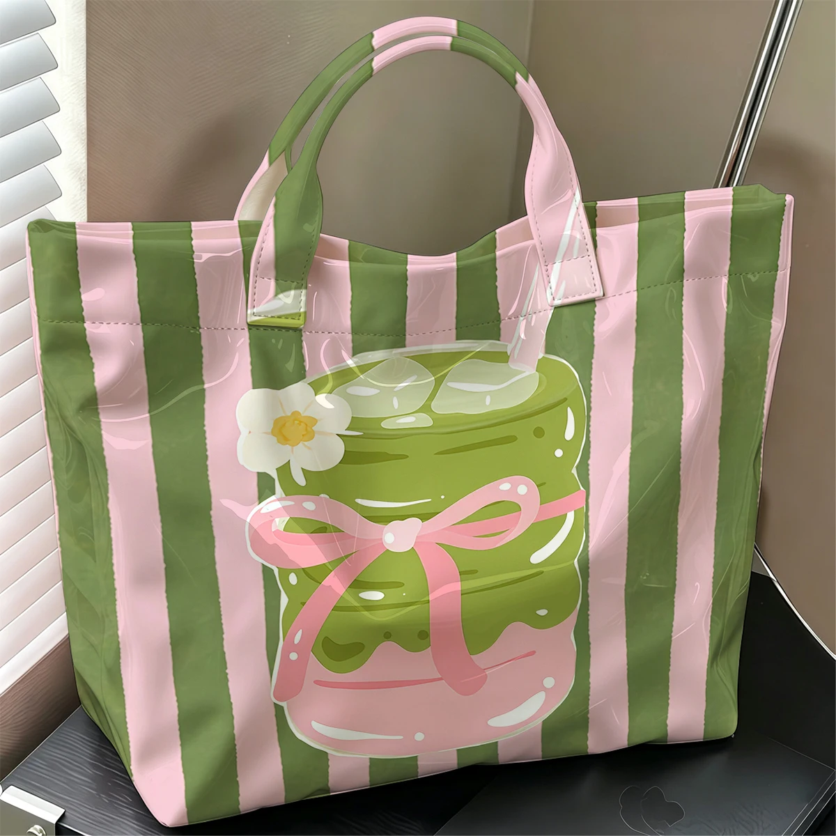 Drink Graphic Hot Sale Large Glossy PVC Tote Bag Hand Washable Waterproof Great for Travel Commute Makeup Storage Handbags