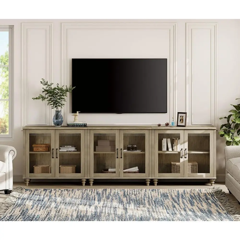 

100 Inch Glass Door Wood TV Stand, Entertainment Center for 75-85 Inch TVs, 3-in-1 Kitchen Cabinet with 6 Storage for Dining & L