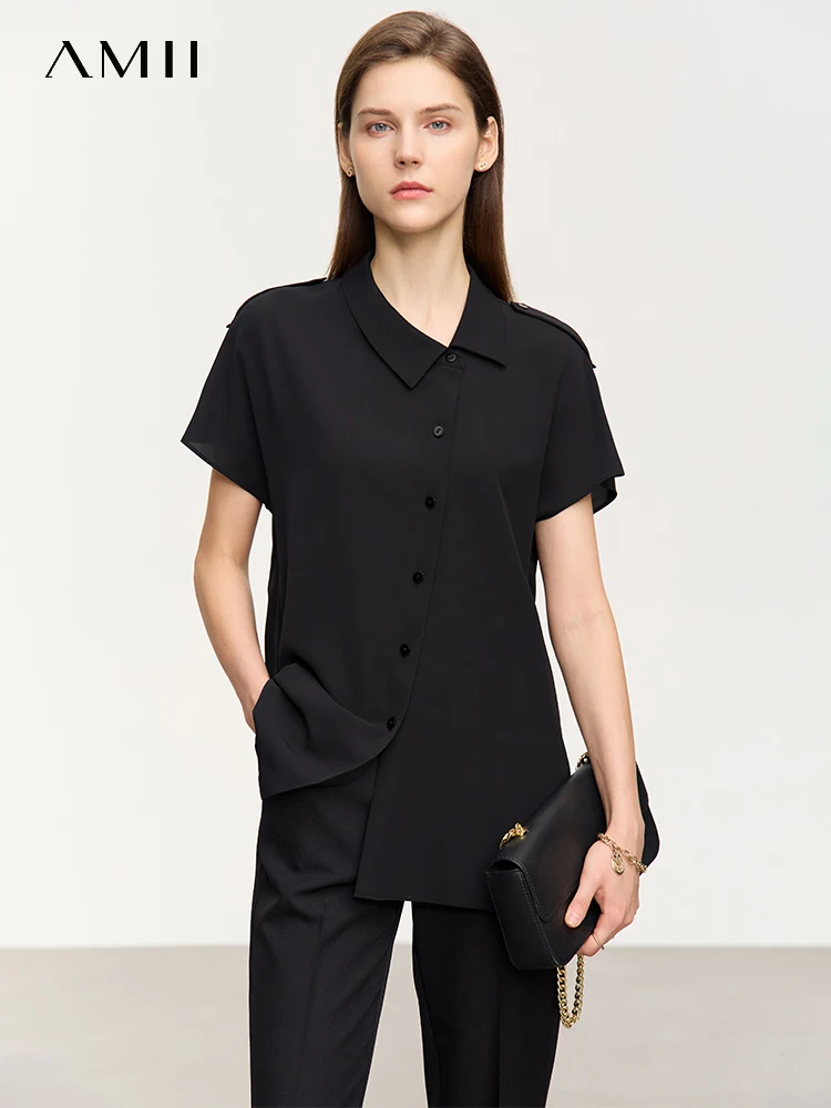 AMII Minimalism Asymmetrical Turndown Collar Loose Chiffon Women Shirts & Blouses Chic 2023 Summer Solid Female Tops 12342565