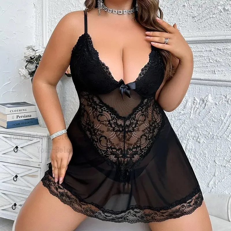 

Big Size 3Xl 4Xl Erotic Lingerie Lady Lace Teddy Baby Doll Dress V-Neck Underwear Perspective Nightgown Set Sheer Mesh Dresses