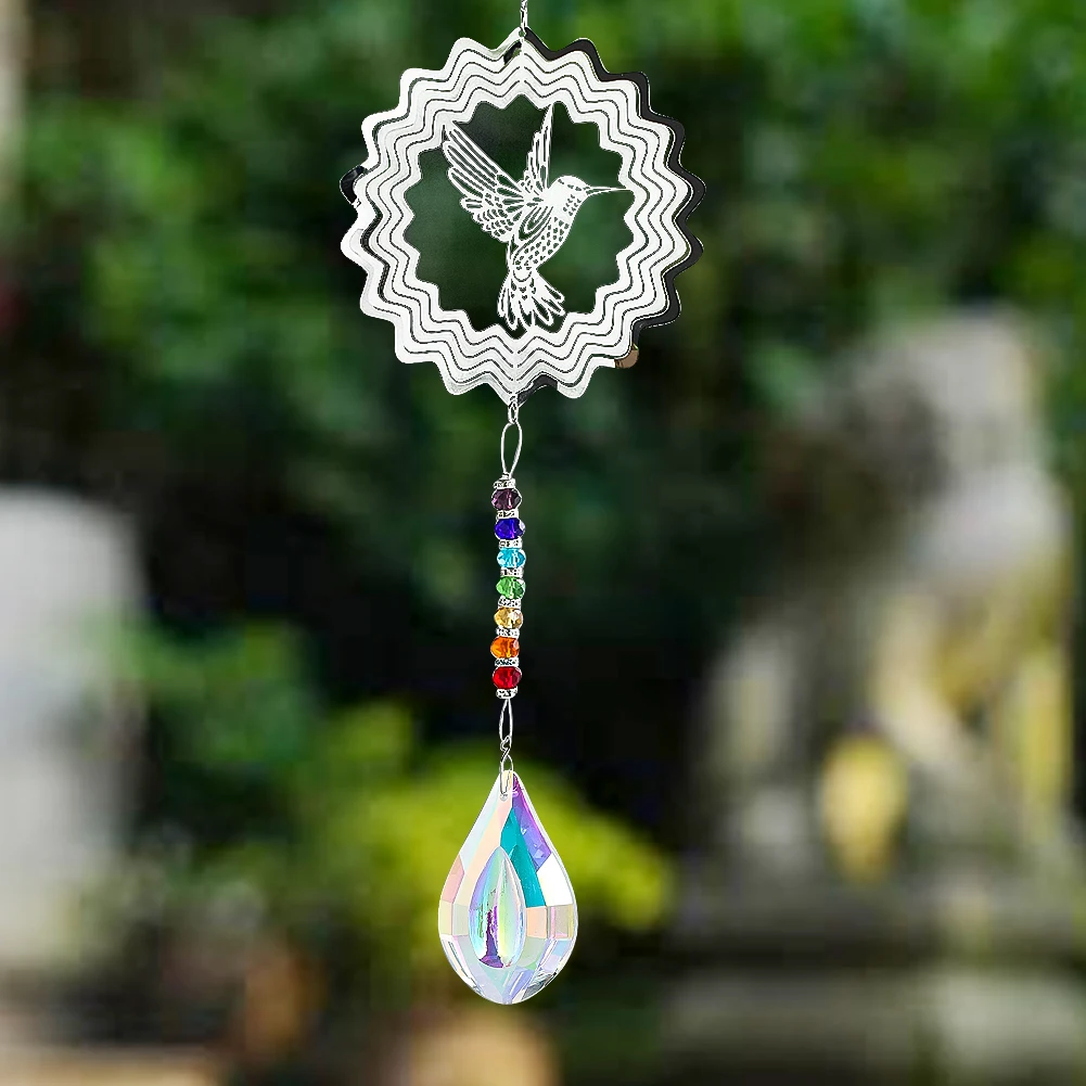 Laser Hollow Hummingbird 3D Sun Flower Revolve Wind Gyro Rainbow Spacer Bead Teardrop Eye AB Color Glass Crystal Pendant Hanging