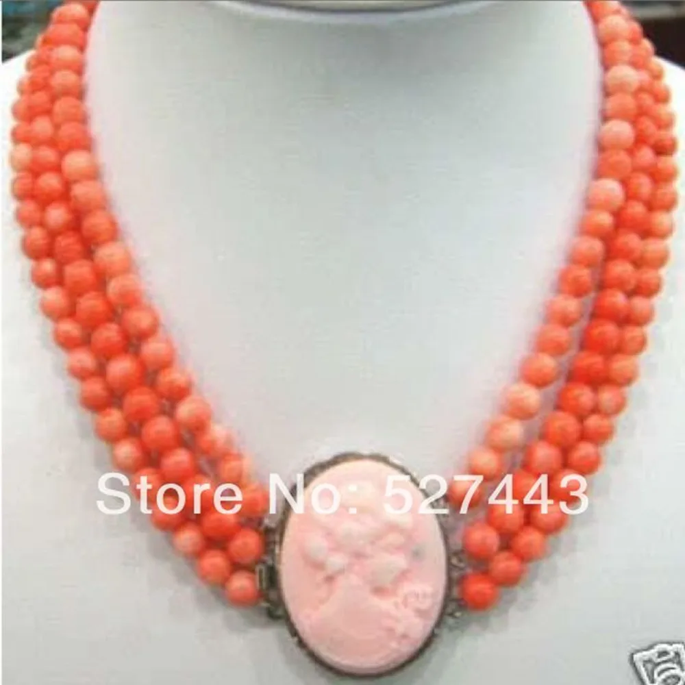 Prett Lovely Women's Wedding Wholesale Rare 3 rows 7-8mm Pink coral beads necklace