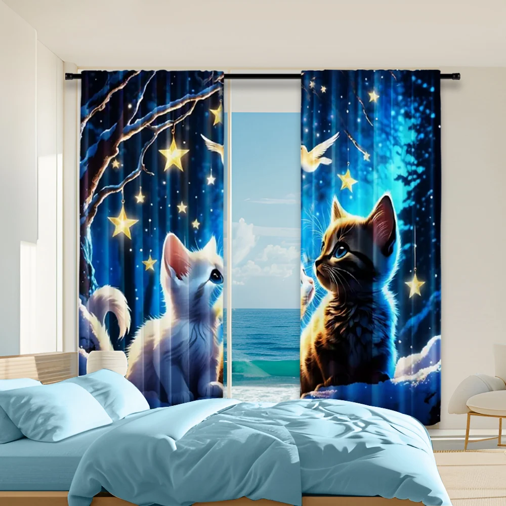 

2Pcs Adorable Cat And Star Print Polyester Window Curtains Rod Pocket Design For Easy Hanging Home Decor Perfect For Bedroom