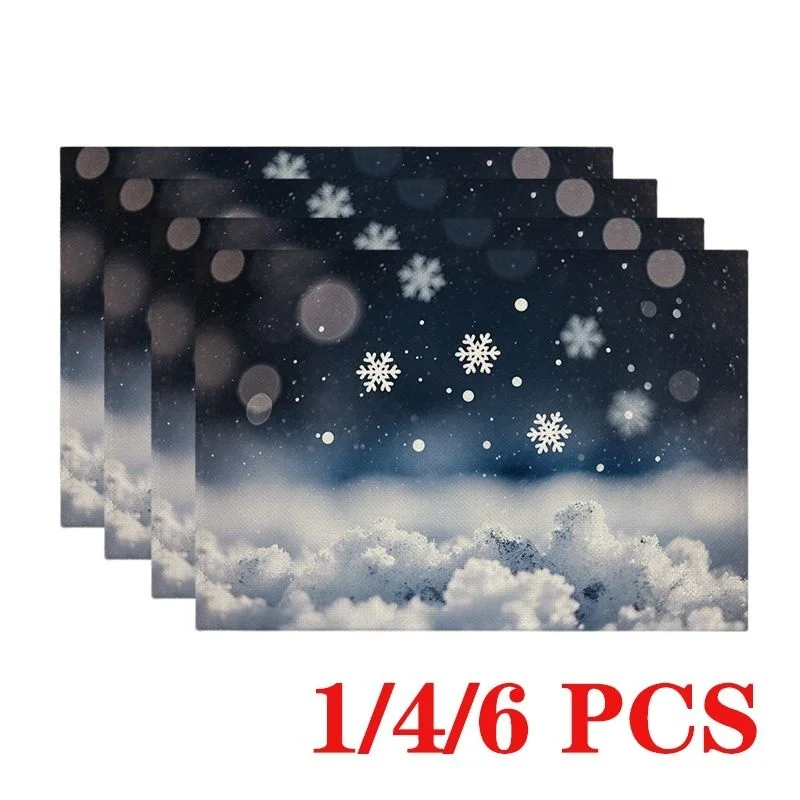 Dark Night Snowflake Snow Scene Print Linen Placemats, Bokeh Light Effect Winter Snow Pattern Table Mats for Xmas Holiday