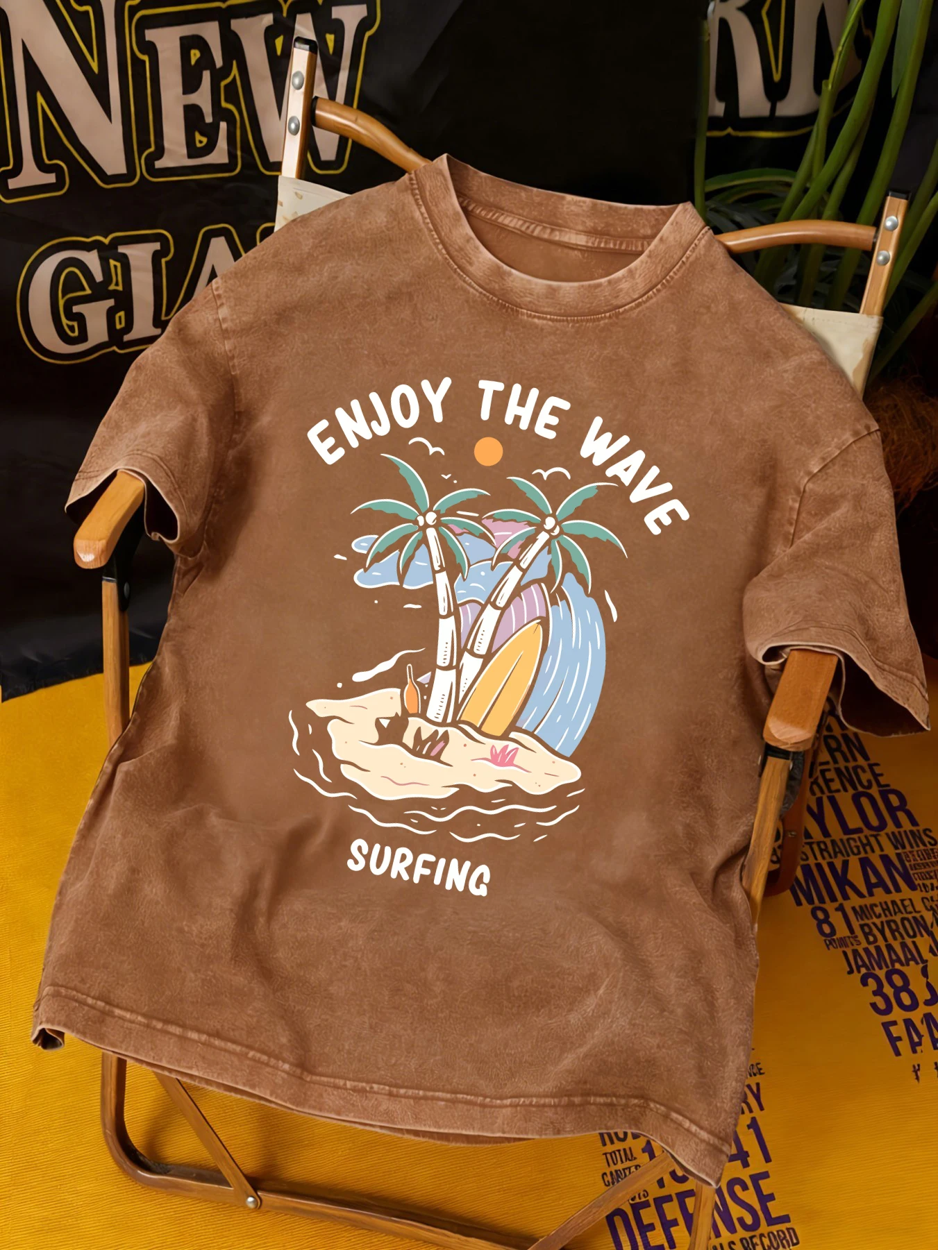 Enjoy The Wave Surfing Printed Washed T-Shirts Men Oversized O-Neck Tops Cotton Breathable Short Sleeve Summer Casual T-Shirt
