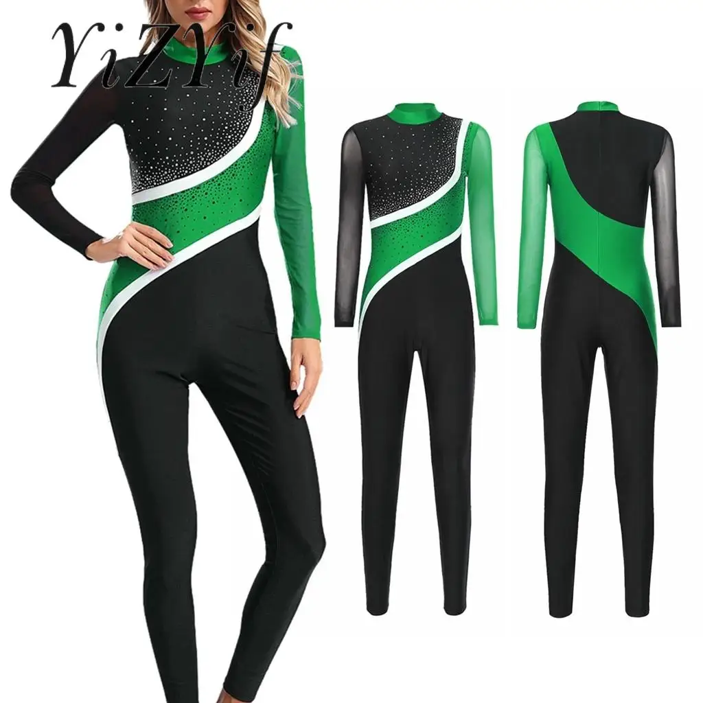 Women Color Block Rhythmic Gymnastics Athletic Jumpsuit Shiny Rhinestones Full Body Jazz Ballet Leotard Figure Skating Bodysuit