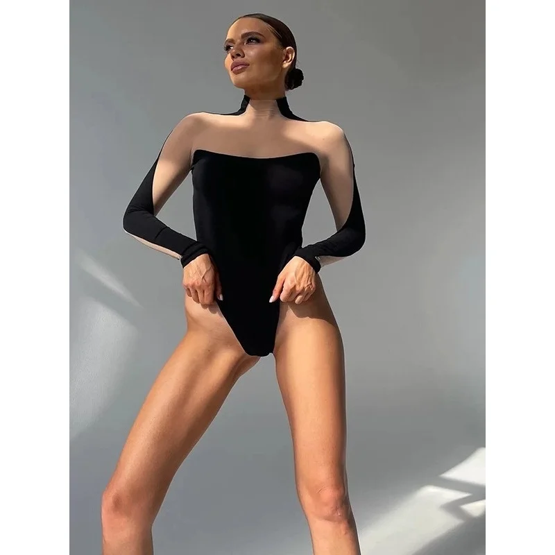 

Sexy Mesh Splice Long Sleeve Onesie Top Cross-Border Women's Fashion High Waist Nine-Piece Pants Thin Fabric Autumn Season