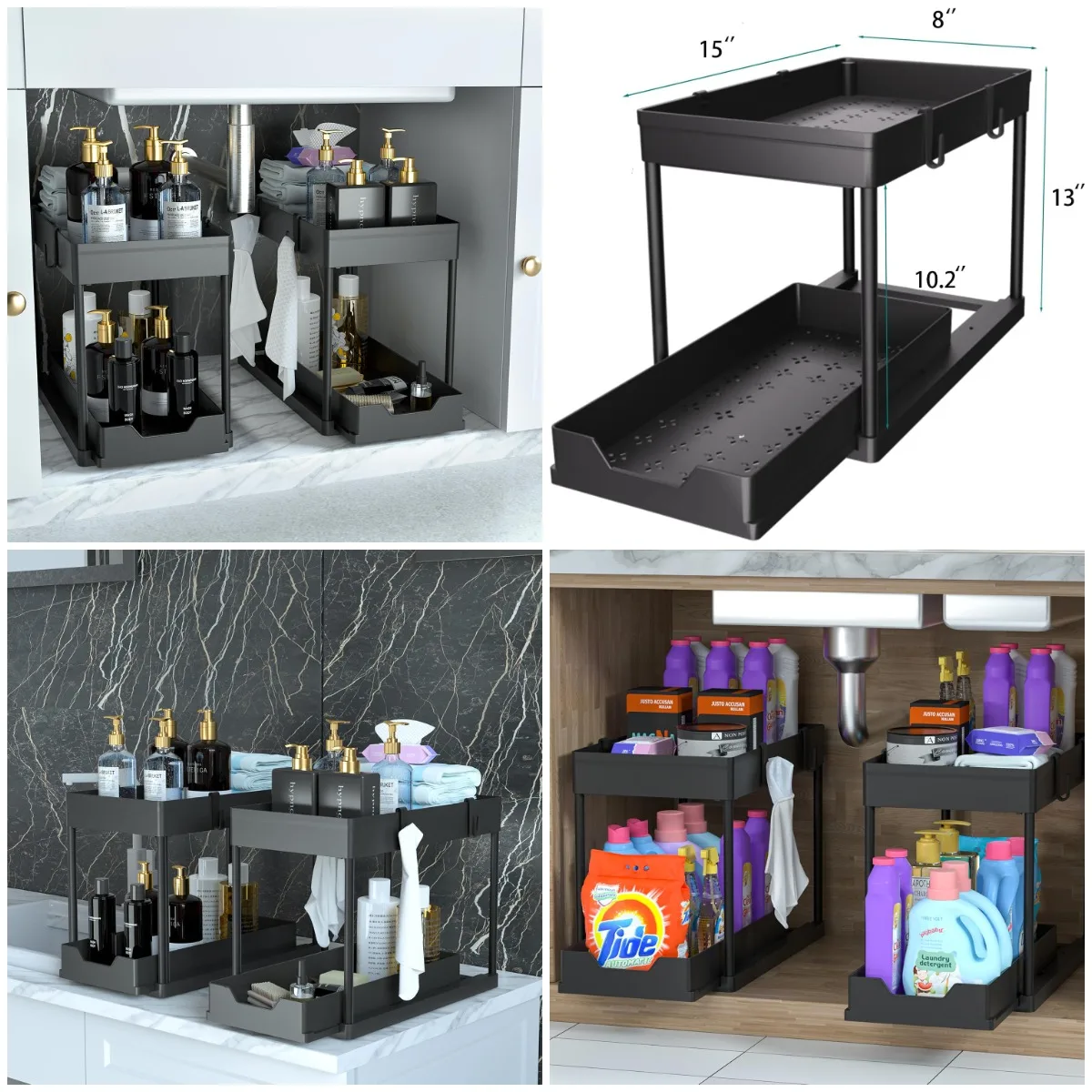 

Under Sink Organizer 2 Pack, 2-Tier Sliding Basket, Black