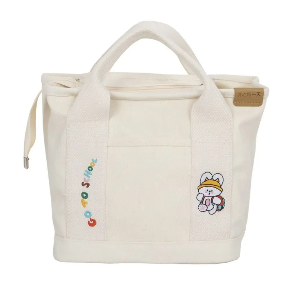 Portable Canvas Women\'s Tote Bag Large Capacity Cartoon Embroidery Women Handbag Multi Pocket Solid Color Lunch Bag