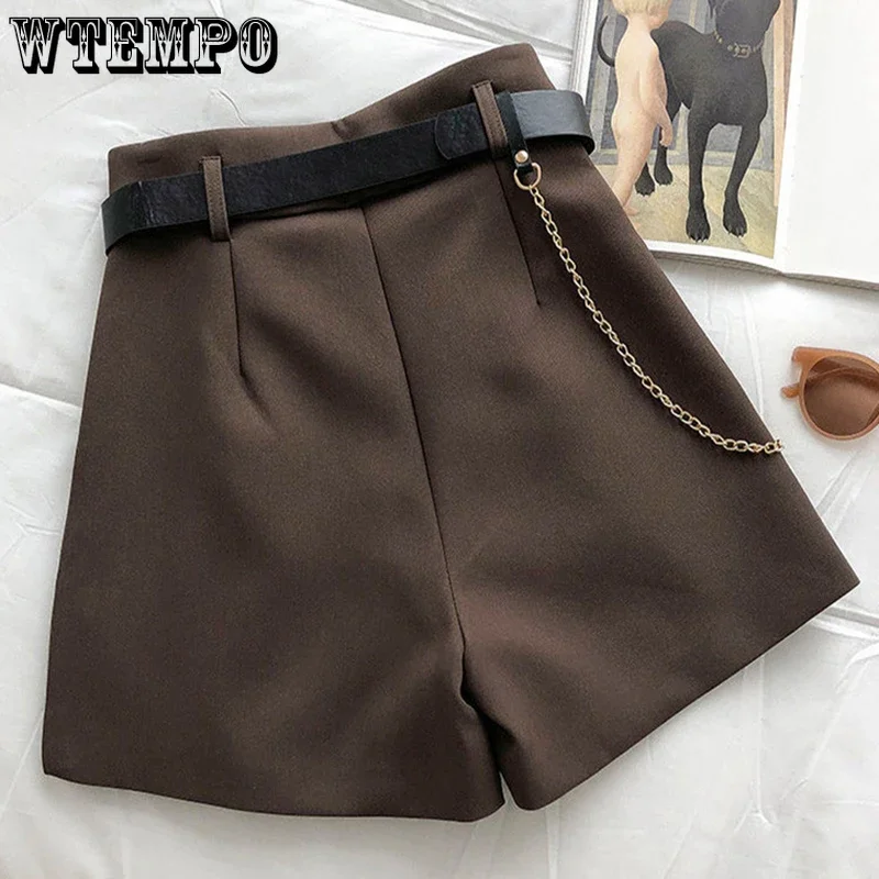 WTEMPO Women New Fashion High Waist A-line Wide Leg Short Pants with Belt Spring Fall Loose Casual Thin Solid Tailored Shorts