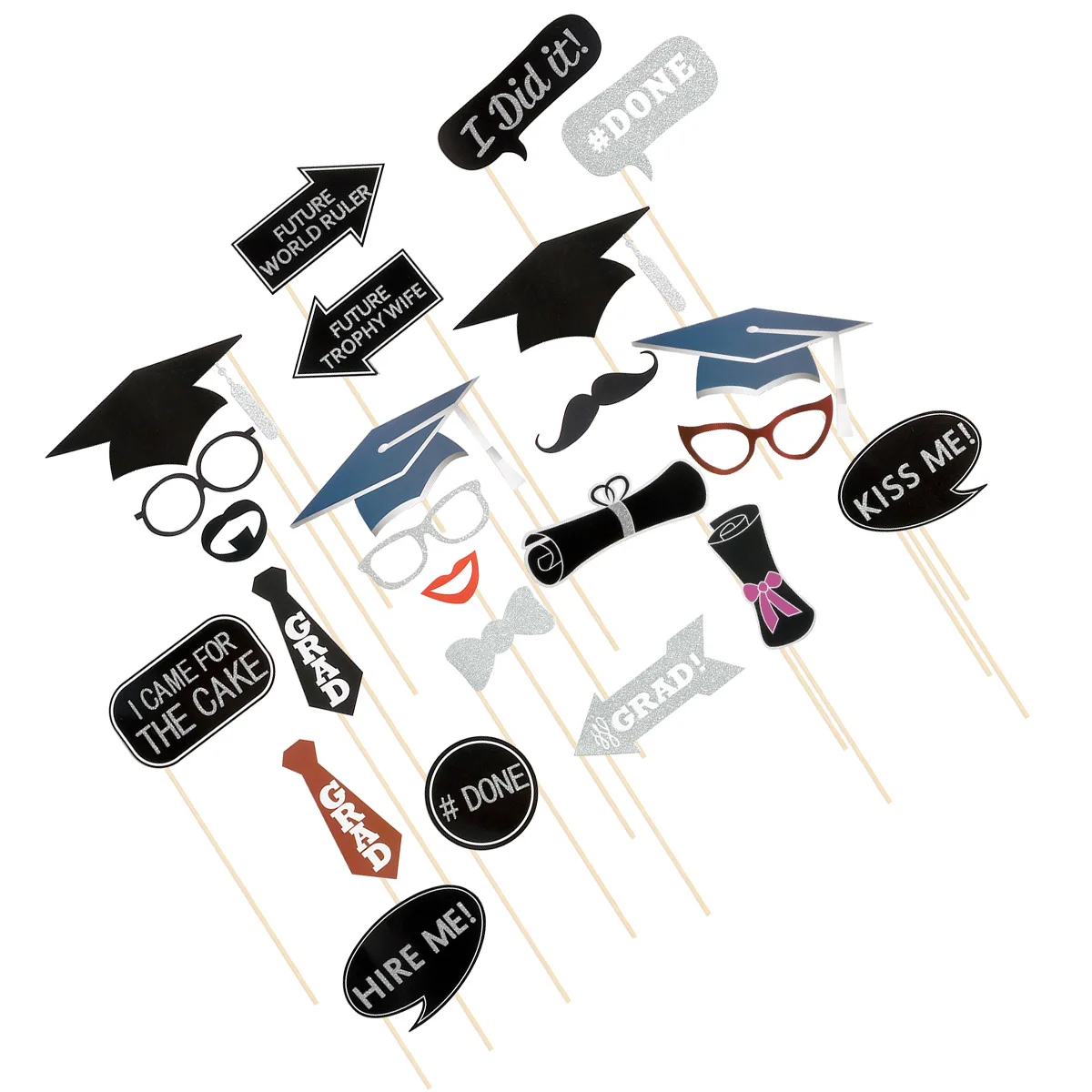 

24pcs Graduation Photo Props Silver Powder Class of 2017 Fun Party Thick Cardboard Printed Handheld Photo Booth for Wedding
