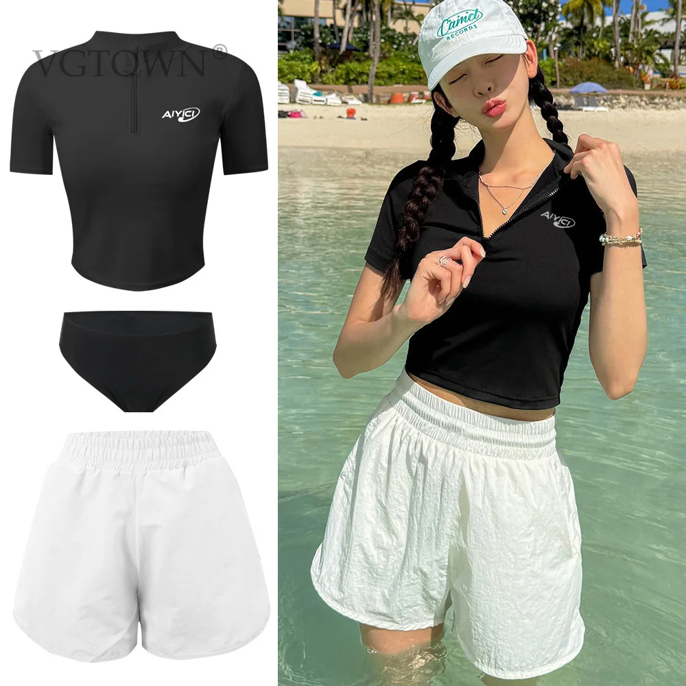 2026 New Plus Size Swimming Suit For Women Short Sleeve Swimsuit  Shorts Split Swimwear Summer Beach Bathing Suit Beachwear