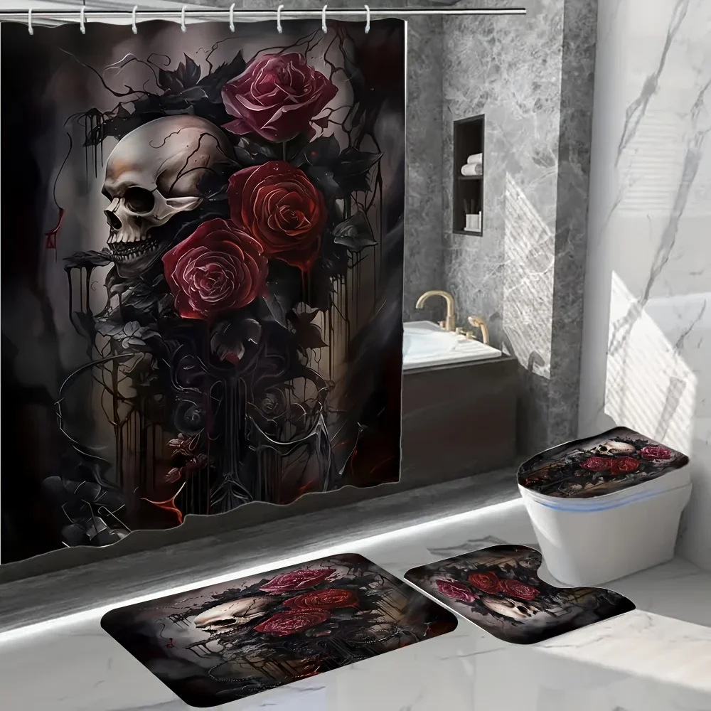 

Skull & Roses Bathroom 4-Piece Set Waterproof Shower Curtain Non-Slip Mats Soft Microfiber Material Gothic Art Design