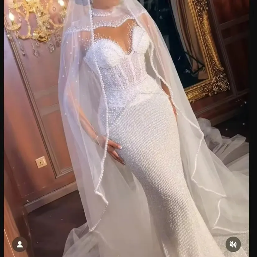 Customized High Collar See Through Beads Mermaid Wedding Dress With Shawl African Vestidos De Novia   Formal Bridal Gowns