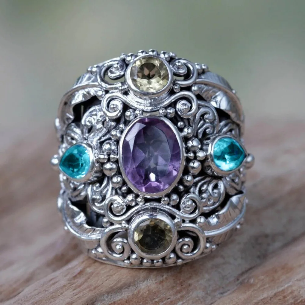 Retro Ethnic Style Ancient Silver Leaves Vine Texture Stainless Steel Wide Rings for Women Luxury Exaggerated Party Jewelry Gift