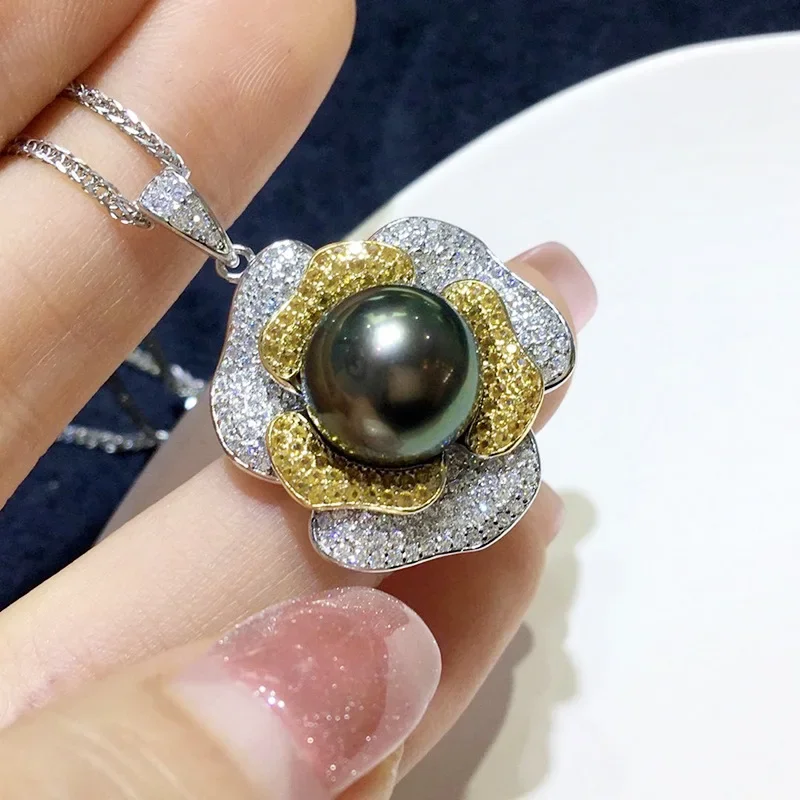 Exquisite Tahitian Round Pearl AAA11-12mm Sunflower Earrings+Necklace 18 inches+Open Ring 925s Set